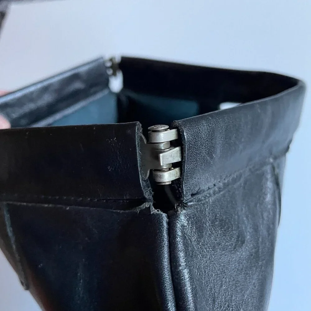 Vintage Black Genuine Leather Double Hinged Clutch with Cut Out Handle